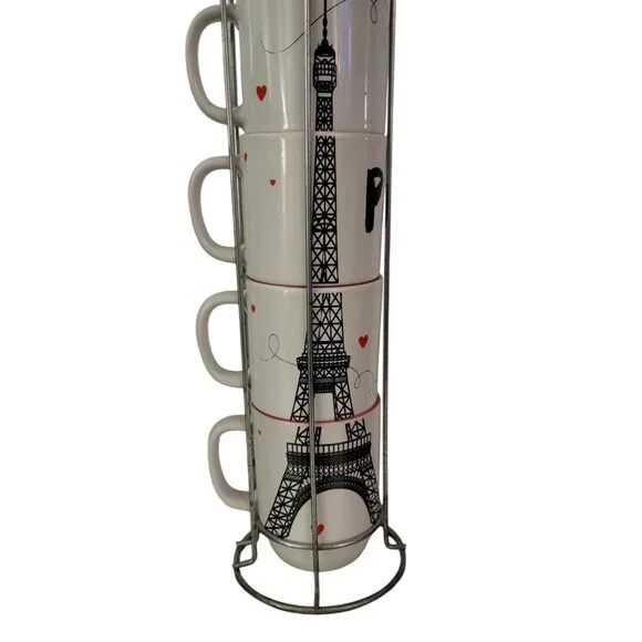 ⭐ Boston Warehouse “Paris” Eiffel Tower Stacking Mug Set with Metal Stand – 4-Pi - Picture 3 of 7
